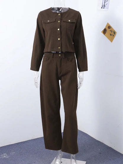 Vintage Solid Denim Jacket Pants Sets Women O-neck Single Breasted Long Sleeve Coat Wide Leg Trousers 2025 Jeans Outfits Street