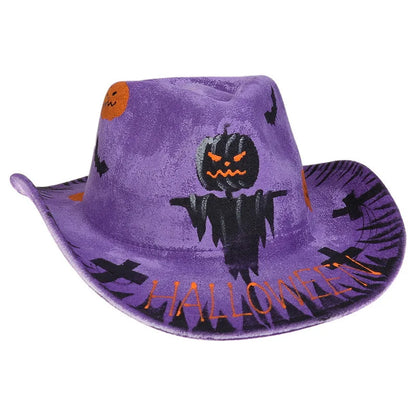 Purple Halloween cowboy hat for adults featuring spooky designs and Halloween themes