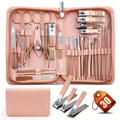30 Pcs Manicure Set Professional Nail Clipper Set Stainless Steel Solid Manicure Kit Nail Care Kit With Pink Case Valentine