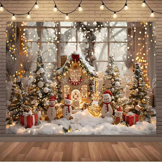 Christmas background with pine trees, gifts, deer, suitable for replacing cookies, candy theme family Christmas party decoration