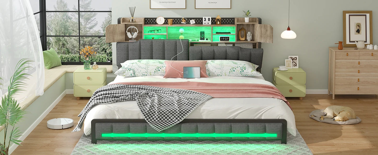 Queen Bed Frame with Storage Bookcase Headboard & LED Lights,Upholstered Bed Frame with USBCharging Station,No Box Spring Needed