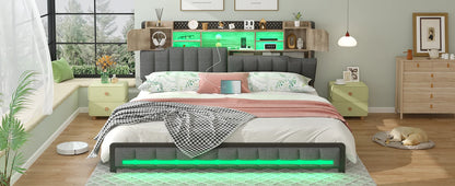 Queen Bed Frame with Storage Bookcase Headboard & LED Lights,Upholstered Bed Frame with USBCharging Station,No Box Spring Needed