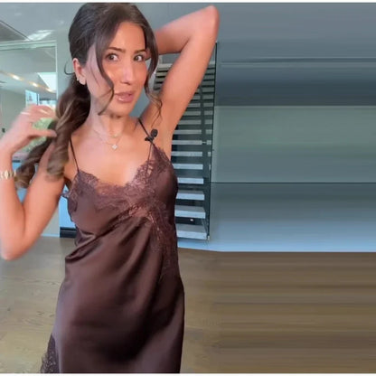 Brown Satin Sexy Lace Spliced Short Sling Dress Women V-neck Sleeveless Backless Asymmetric Party Dresses 2025 Summer Lady Robes