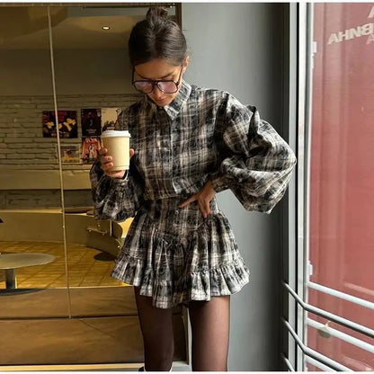 Plaid Print Shirt Ruffles Skirts Set Women Elegant Lapel Button Up Tops Loose Mini A-line Skirt Spring New Lady Chic Outfit LK9Q