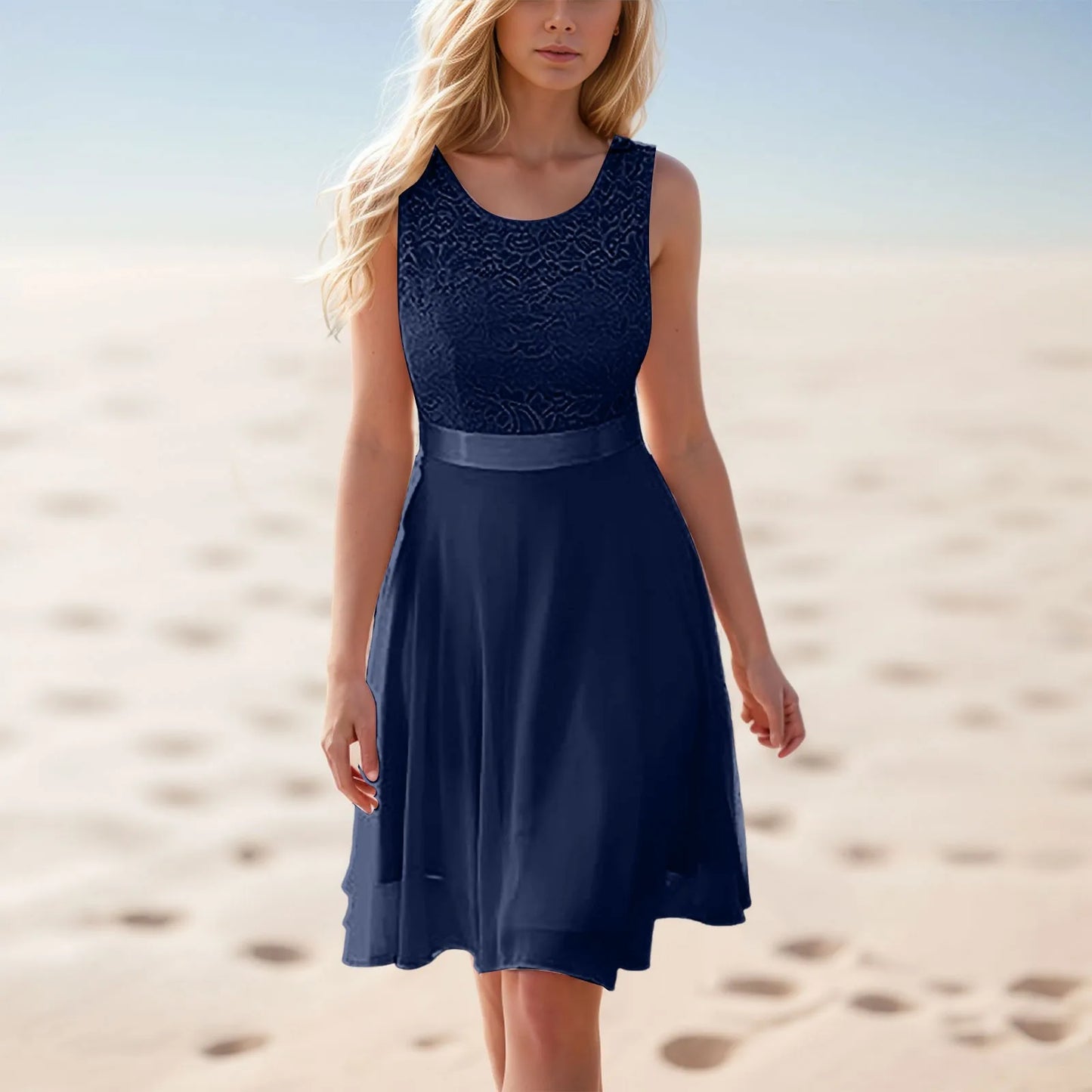 Summer Lace Trim Sundress For Ladies New Waisted Solid Color Sleeveless Lace White Dress Holiday Beach Dresses Party Vestidos