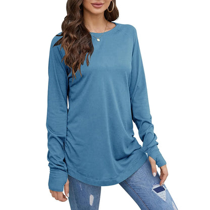 Women's Solid Round Neck Loose Long Sleeve Medium Length Leaky Thumb T-shirt Top