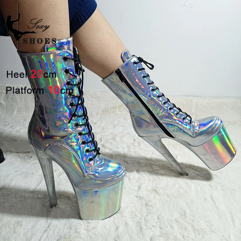 New Gold Shoes for Women 2025 Platform Heels Pole Dance Stripper 20cm/8Inch Sexy Ankle Boots Round ToeThin Heels Ladies Shoes