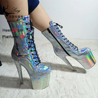 New Gold Shoes for Women 2025 Platform Heels Pole Dance Stripper 20cm/8Inch Sexy Ankle Boots Round ToeThin Heels Ladies Shoes