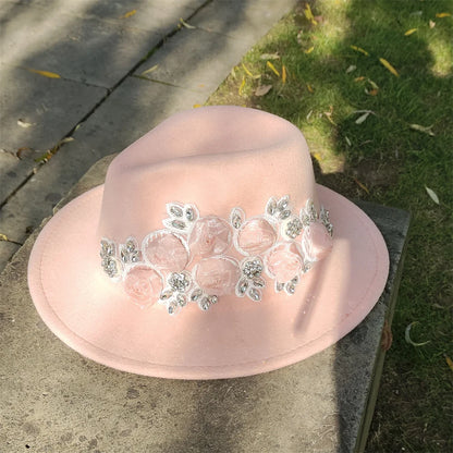 Embroidered three-dimensional flower fedora hat Women's jazz top hat Spring and autumn panama church fashion elegant wedding Hat