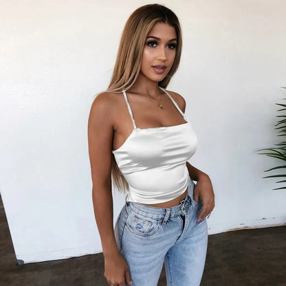 Slim Backless Crop Tops Soft Ice Silk Sexy Camisole Women's Club Party Bandage Camis Y2k Sexy Tank Tops Blusas Ropa De Mujer