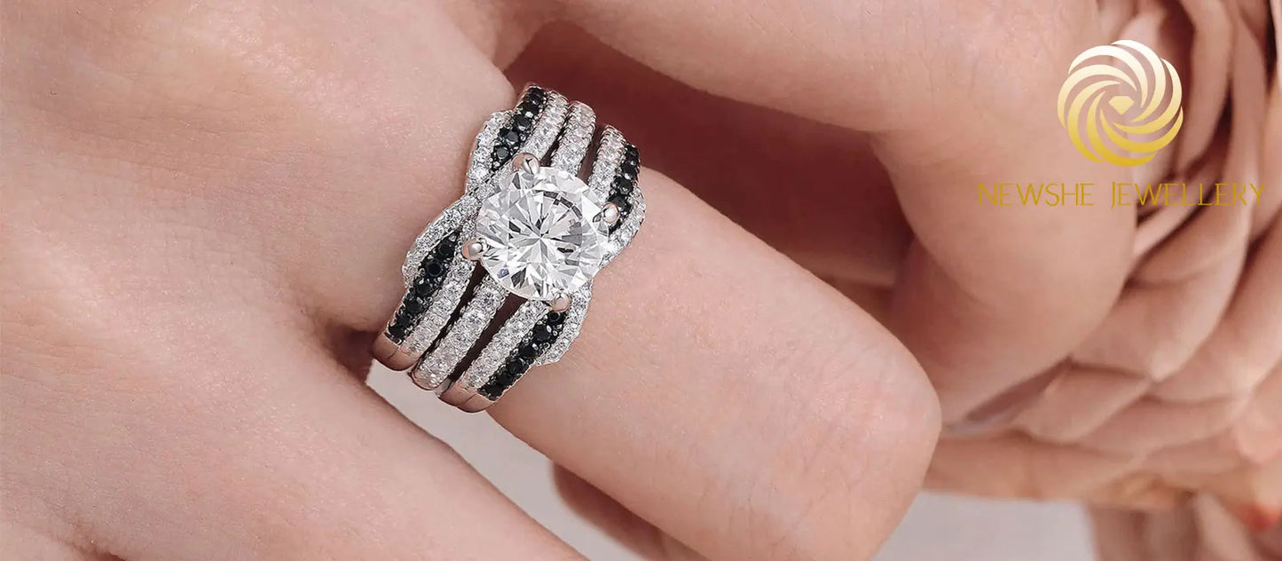 Newshe 925 Sterling Silver Black Blue White 5A Grade Cubic Zircon Wedding Ring Enhancer for Women Twist Rope Design Fine Jewelry