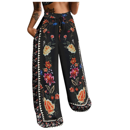 Pockets Pants Beach Long Waist Pants Women Printing Boho High Trousers Easy Pants Leisure Versatile Floor Length Loose Trousers