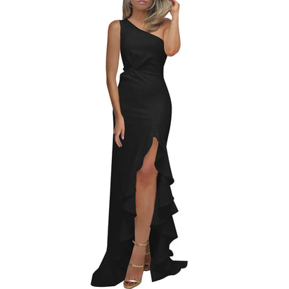 Ladies Sexy Slash Neck Ruched Evening Dresses Women Irregular Ruffles Formal Dress Slim Bodycon Solid Prom Dresses Evening Party
