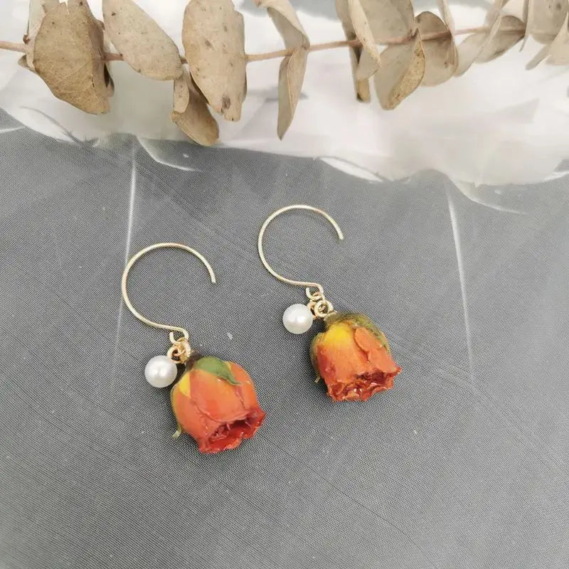 Unique Immortal Flower Earrings Elegant Natural Flower Pearl Drop Earrings Statement Jewelry Epoxy Resin Real Rose Earring 2024