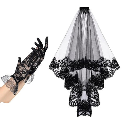 Black lace veil and gloves set featuring intricate floral lace design for elegant occasions