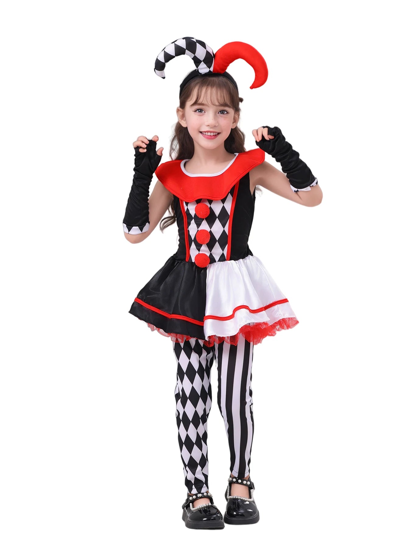 Stylish girls jester clown costume with black and white harlequin design and vibrant red accents