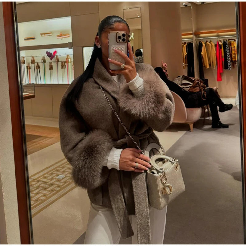 2025 Chic Lapel Plush Coat With Belt Women Vintage Solid Faux Fur Sleeve Tweed Open Coats Female Autumn Casual Street Outwear