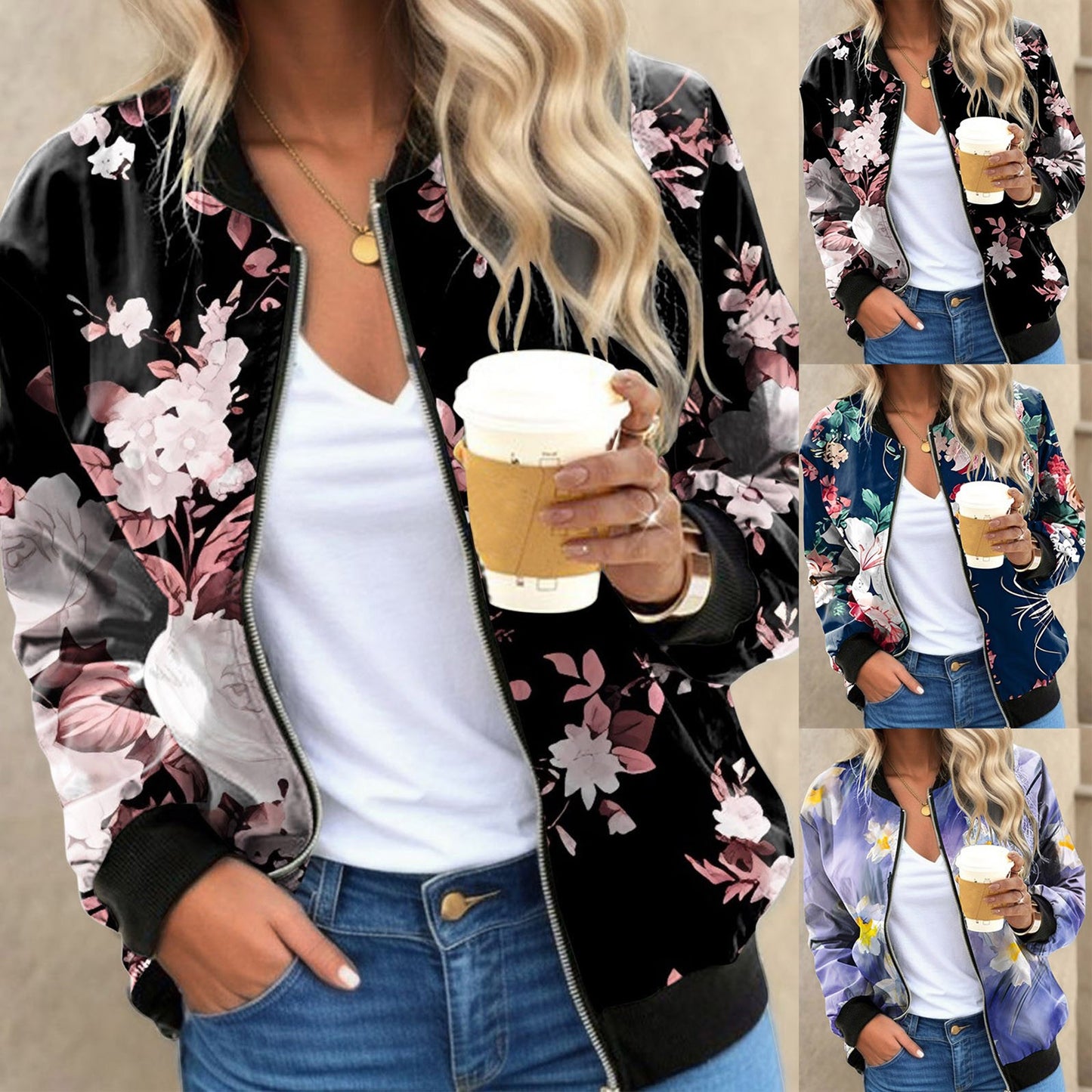Vintage Floral Printed Jackets for Women Elegant Zipper Bomber Jacket Spring Autumn Office Wear Slim Jackets Coat Retro Outwear