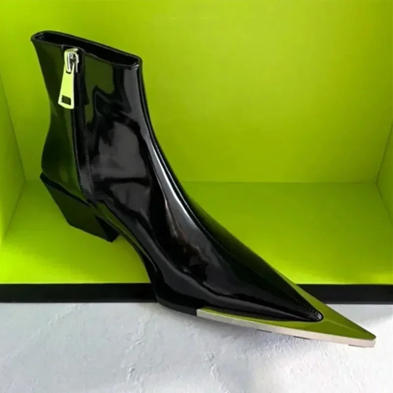 Luxury Designer Pointed Toe Chelsea Boots Women 2025 Fall Chunky Heel Metal Toe Decoration High Heels Side Zip Black Ankle Boots