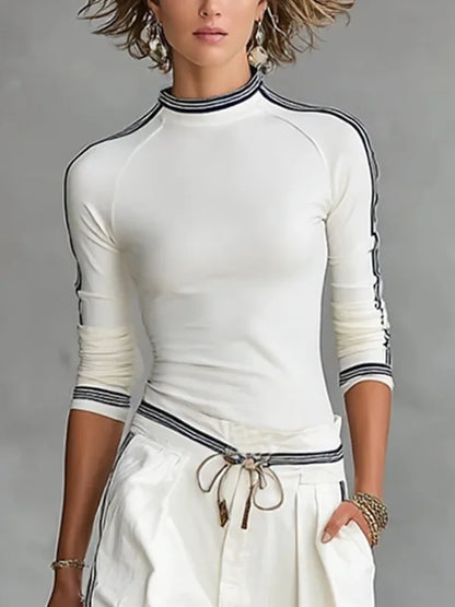 Krisstargirl Women 2026 Skinny White T-Shirts Spring Black Striped Long Sleeves Casual Strecth Slim Base Layer Tops for Ladies
