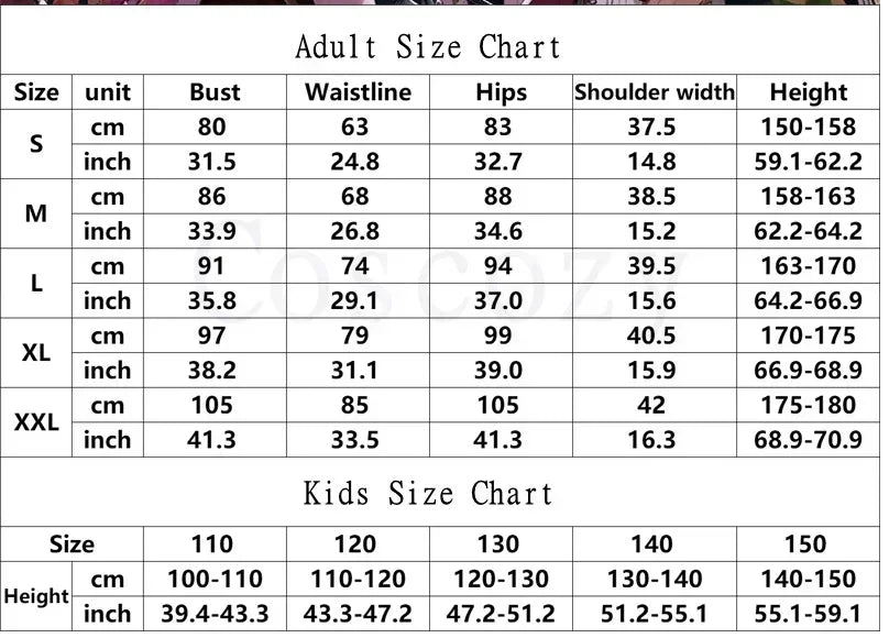 Adult size chart for Mitsuri Kanroji cosplay costume showing bust, waist, hips, shoulder width, and height measurements
