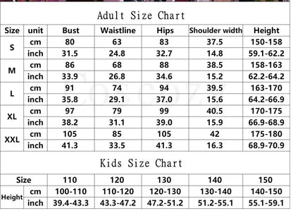 Adult size chart for Mitsuri Kanroji cosplay costume showing bust, waist, hips, shoulder width, and height measurements
