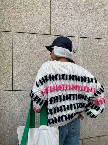 Women Multi Color Striped Thick Casual Round-neck Sweater Chunky Jumper Bold Black & Pink Stripes Winter Niche Design Knit Top