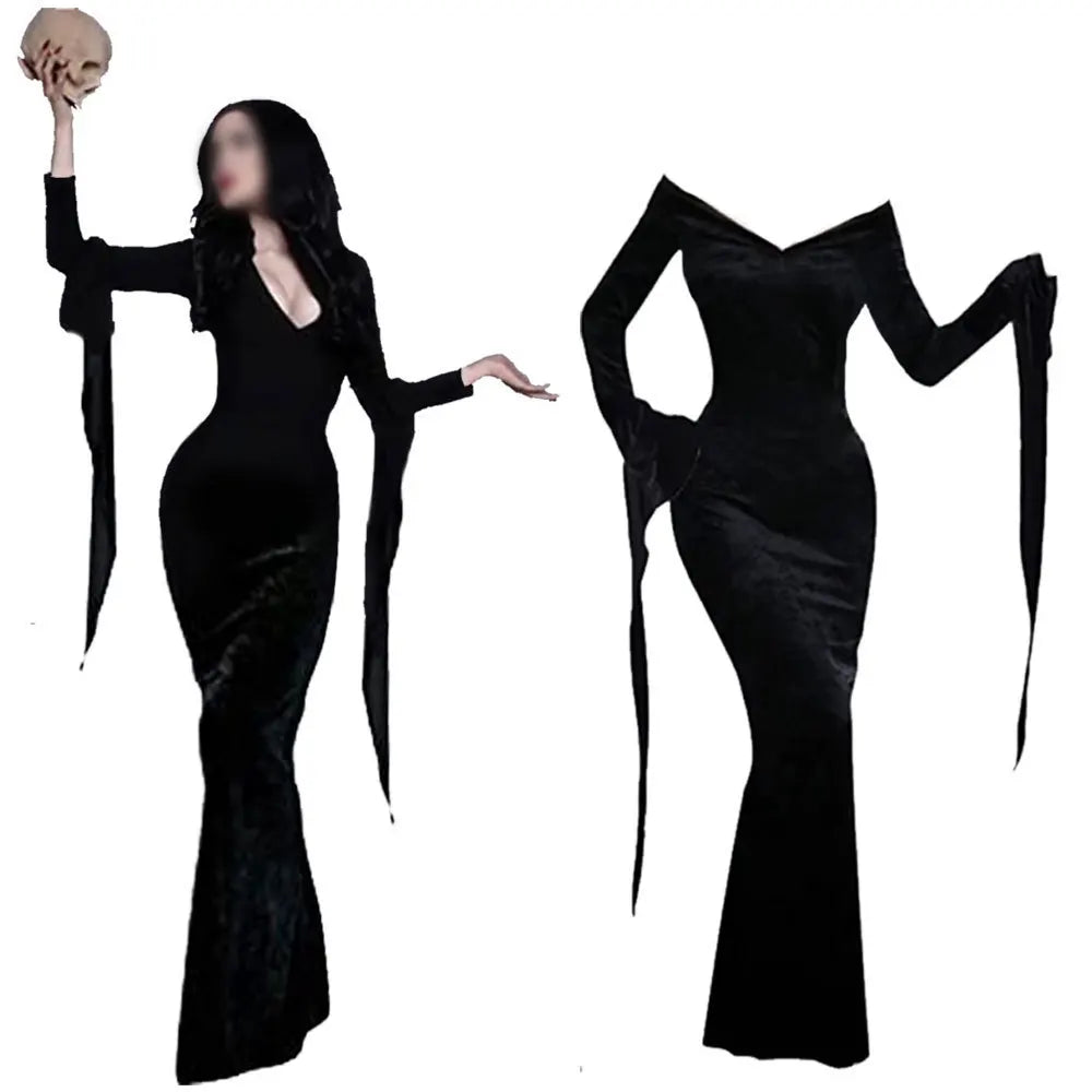 Model wearing black velvet mermaid gown with long tattered sleeves and skull prop Wednesday Addams cosplay dress for women