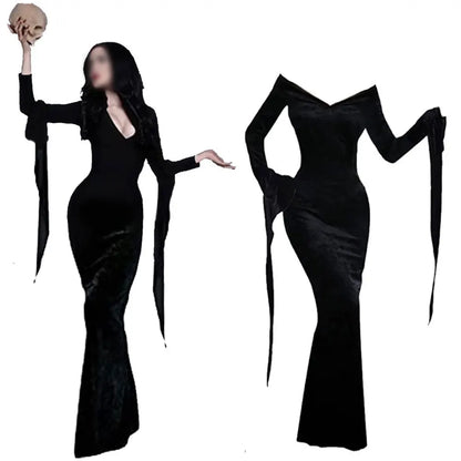 Model wearing black velvet mermaid gown with long tattered sleeves and skull prop Wednesday Addams cosplay dress for women