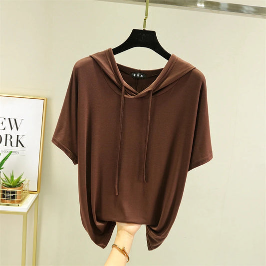 Thin T-shirts Women Hooded Fashion Loose Casual All-match Korean Style Solid Simple Y2k Aesthetic Футболка Женский Cozy Chic New