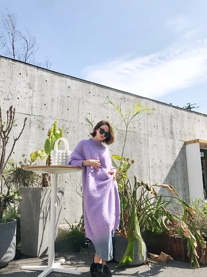 Winter Women Dress Fall Sweater Women Dress Long Sleeve Knitted Dresses Maxi Vintage Oversize Dresses Knitting Thick Warm Purple