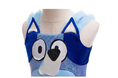 Cute blue dog tutu dress for girls featuring furry ears and friendly face design