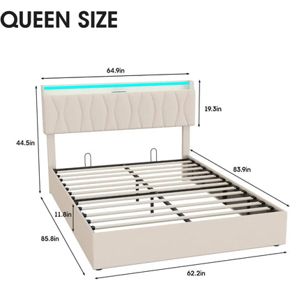 Queen Lift Up Storage Bed Frame with Adjustable Headboard, Charging Station, LED, Wood Slats, No Box Spring Needed, Bed Frame