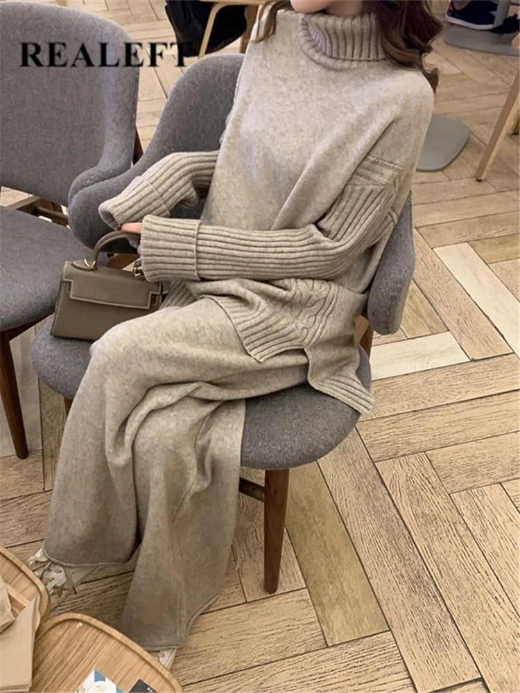 Autumn Winter 2 Pieces Women Sets Knitted Tracksuit 2025 New Turtleneck Sweater and Wide Leg Jogging Pant Pullover Suits