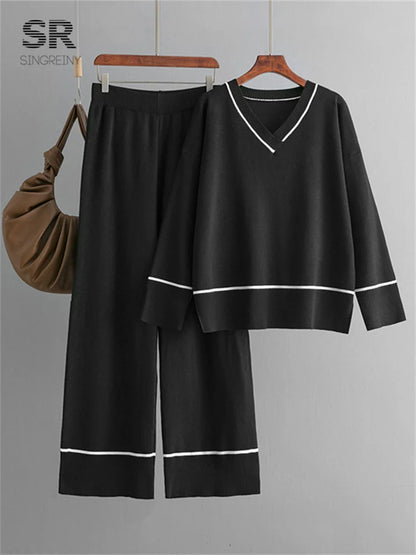 SINGREINY Women Basics Winter Sets V Neck Sweater+Solid Wide Legs Long Pants 2024 Autumn Fashion Casual Thick Two Pieces Suits