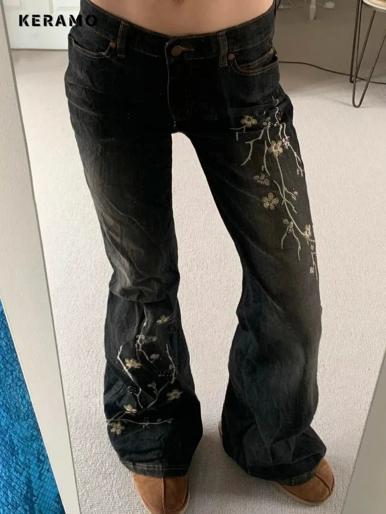 Weekeep Floral Embroidery Jeans Vintage 2000s Low Rise Flared Jeans Women Retro y2k Baggy Denim Pants High Street Basic Trousers