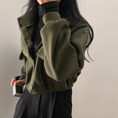 Autumn and Winter Loose Wool Coat for Women's Pocket Stand Collar Top Long Sleeve Button Hong Kong Style Wool Coat