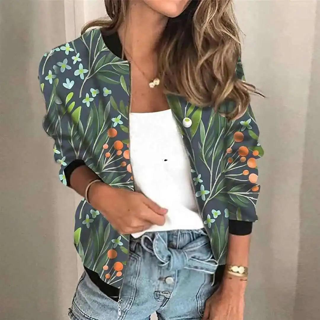 Fashion Print Women Jacket Spring Autumn O Neck Long Sleeve Zipper Pocket Casual Coats Bomber Outwear Streetwear Lady