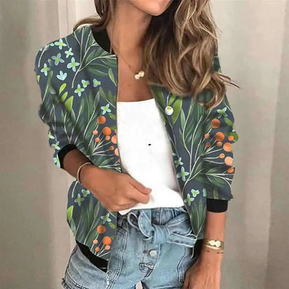 Fashion Print Women Jacket Spring Autumn O Neck Long Sleeve Zipper Pocket Casual Coats Bomber Outwear Streetwear Lady
