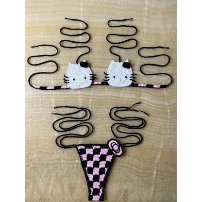 Cute Crochet Bikini Set 2 Pieces Lady's Bathing Suits Sexy Micro Bikinis Ties Swimsuit Thong Swimwear Kwaii Womens Swimming Suit