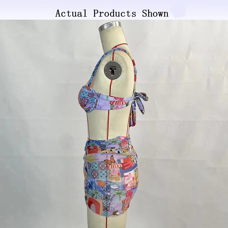 BEACHCICI Women's Bikini Three Piece Stylish Sexy Printed Tie up Pleated Suspender High Waist Thong Beach Vacation Swimsuit