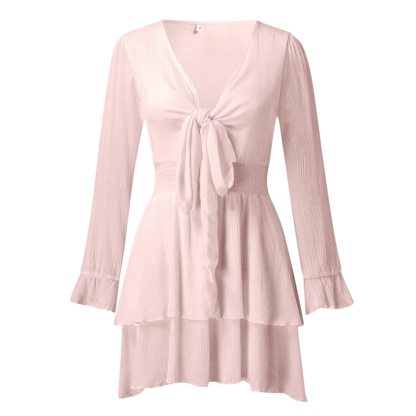 Womens Summer Fall Dress Sexy Lace-Up Deep V Neck Long Puff Sleeve Waist Tierred Flounced Edge Short Dress Loose Elegant Dress