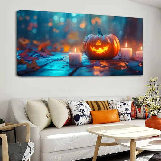EtherealBe retro Halloween wall art featuring a glowing pumpkin and candles on a colorful fall background