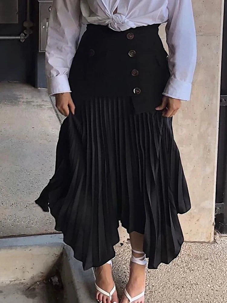 DEAT Fashion Women's Skirt High Waist Spliced Single Breasted Pleated Irregular Solid Color Long Skirts Spring 2024 New 17A6142