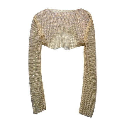 Women Colorful Rhinestones Long Sleeve Crop Top Sparkly Glitter Drill Shawls Shrug See Through Fishnet Cover Up Clubwear