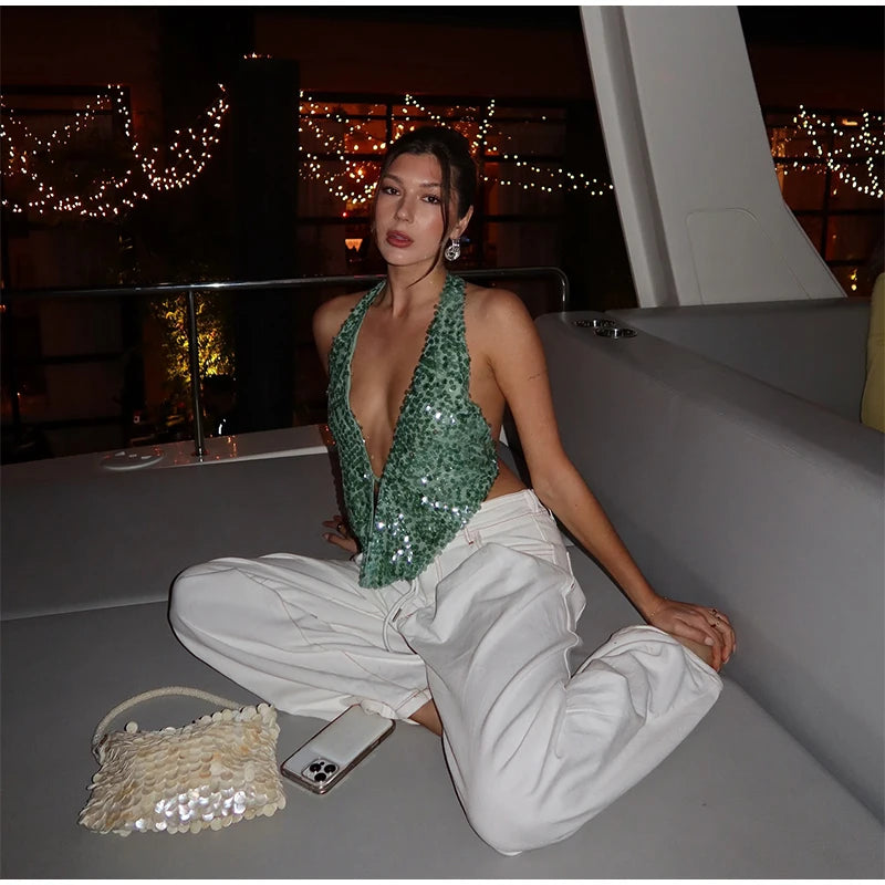 Sequins Halter Hollow Out Dress Women's Sexy Backless Sleeveless Contrast Color  Mini Dresses 2025 Summer New Lady Beach Robes