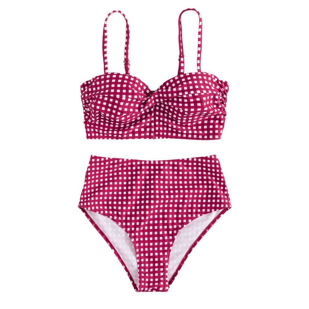 Women Sexy Slim Plaid Two Pieces Swimsuit High Waisted Bikini Swimwear 2024 Bikini Sets Size S-3XL Rose Red/Black/Blue/Sky Blue