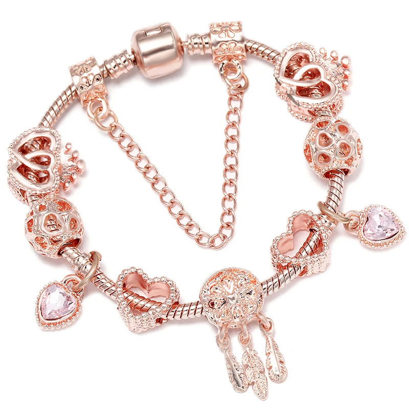 Spring Style Charms Bracelets For Women With Snake Chain Pink Daisy DIY Charms Beads Pendants Fashion Jewelry Dropshipping