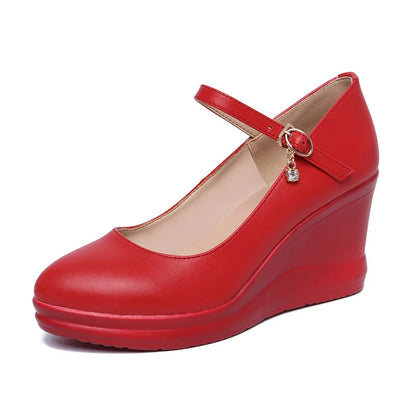 high quality leather shoe for women 7cm wedge high heel platform round toe 32 33 42 43 elegant and fashion shoe white red black