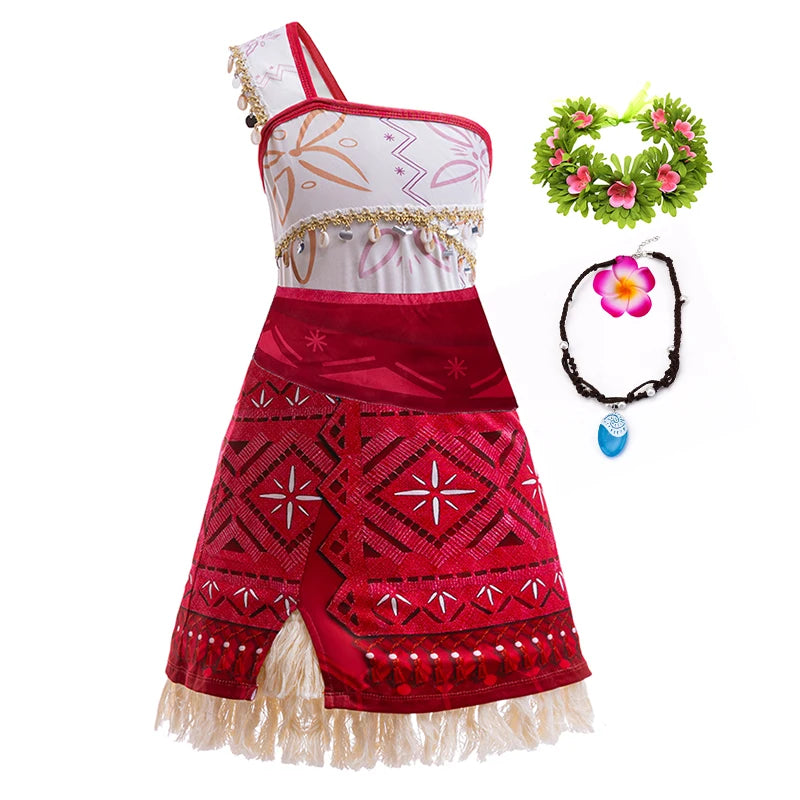 Kids Moana 2 Halloween costume featuring a one-shoulder dress with accessories for themed dress-up